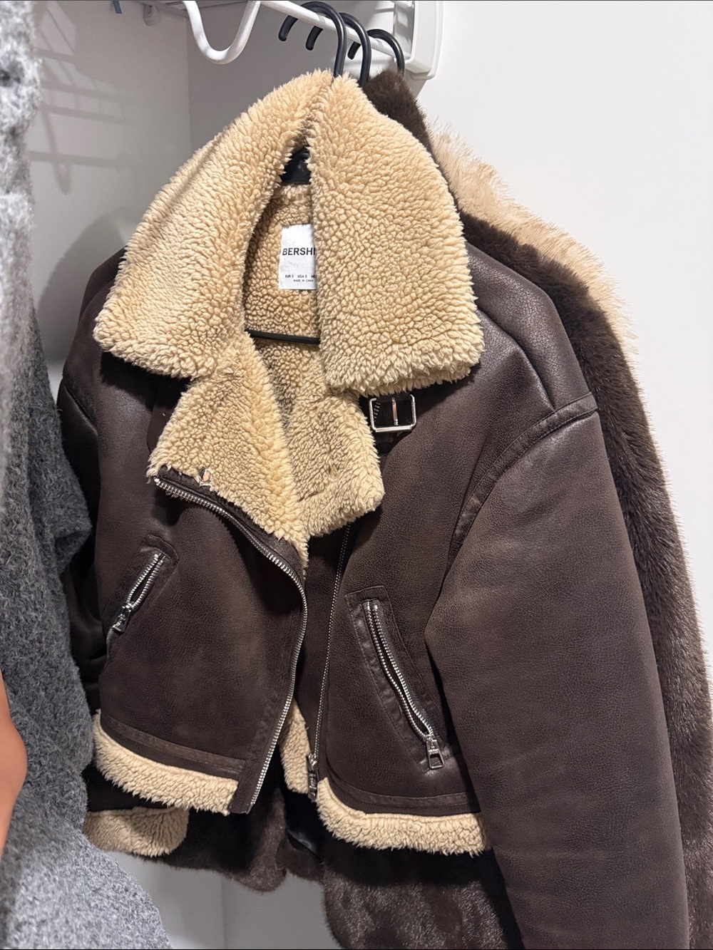 Bershka Chocolate Brown Aviator Jacket with Cream Shearling